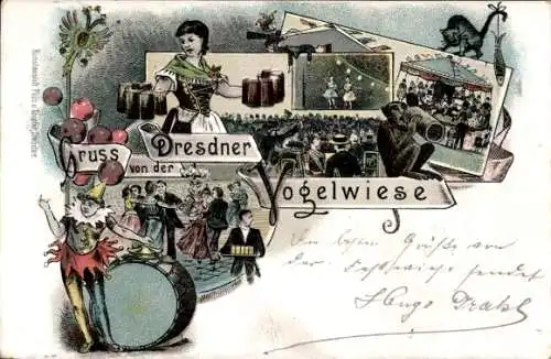 Litho Dresden Altstadt Johannstadt, Festplatz Vogelwiese, Besucher, Kellnerin, Bierkrüge, Karussell