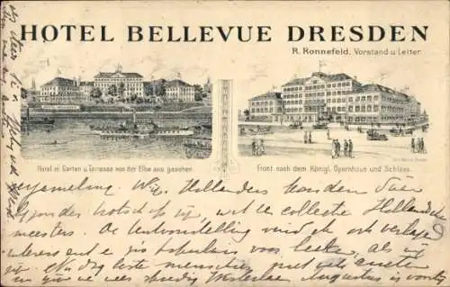 Ak Dresden Altstadt, Hotel Bellevue, an der Elbe, Front Richtung Opernhaus und Schloss