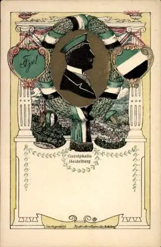 Studentika Ak Heidelberg, Corps Guestphalia, Schattenbild eines Studenten, Wappen, KSCV