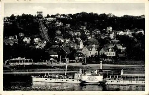 Ak Dresden Loschwitz, Gesamtansicht, Schwebebahn, Dampfer