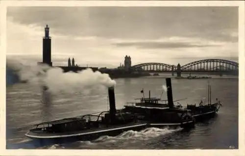 Ak Köln am Rhein, Rheinschlepper, Pressaturm, Hohenzollernbrücke