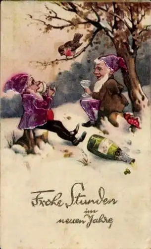 Ak Glückwunsch Neujahr, Zwerge trinken Sekt