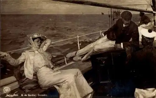 Künstler Ak entspanntes Paar an Bord eines Schiffes