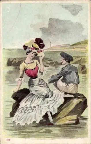 Litho Liebespaar auf Feld am Meeresufer sitzend