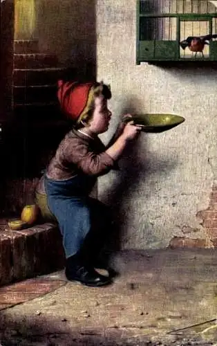 Ak Bischwiller Bischweiler Elsass Bas Rhin, Junge mit roter Mütze füttert Vogel im Käfig.