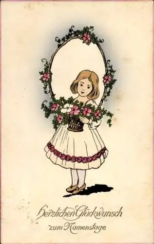 Ak Glückwunsch Namenstag, Mädchen mit Blumen
