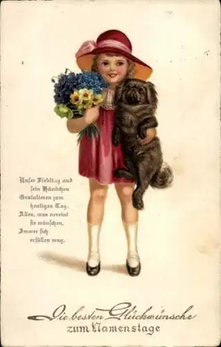 Künstler Ak Glückwunsch Namenstag, Mädchen mit Blumen, Hund