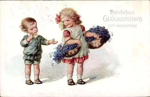 Litho Glückwunsch Namenstag, Kinder mit Blumen