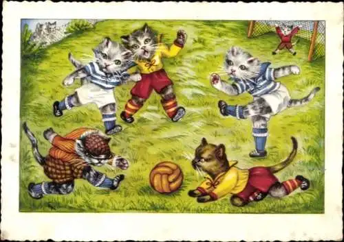 Ak Vermenschlichte Katzen beim Fußballspiel