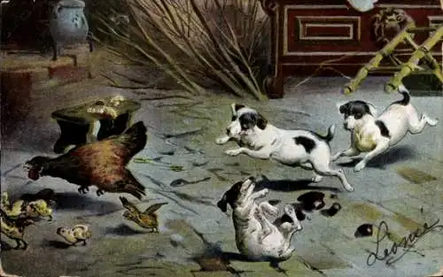 Künstler Ak Hunde, Hühner
