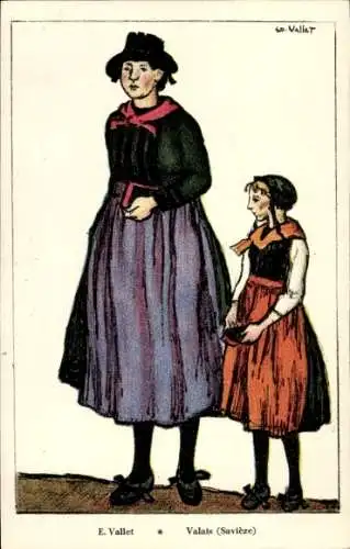 Künstler Ak Vallet, E., Schweiz, Trachten, Valais