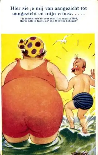 Künstler Ak Taylor, Dicke Frau am Strand, Humor