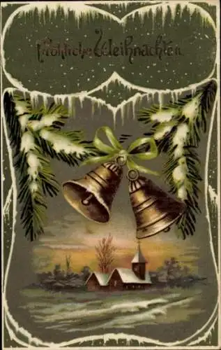Ak Frohe Weihnachten, Dorfidyll, Glocken