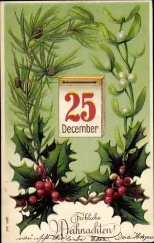 Präge Litho Frohe Weihnachten, Stechpalme