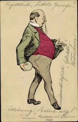 Litho Kegelclub Fidele Jungs, Mann mit Bowlingkugel