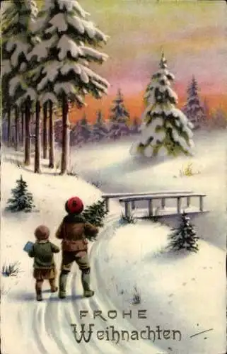Ak Frohe Weihnachten, Verschneite Winterlandschaft, Kinder mit Tannenbaum