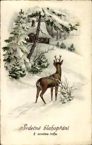 Ak Glückwunsch Neujahr, Junger Hirsch, Haus, Tannenbäume