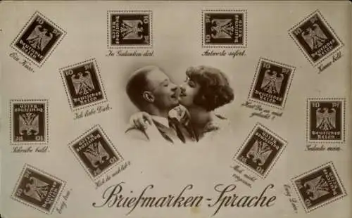 Ak Briefmarkensprache, Liebespaar, Ein Kuss, Schreibe bald, Ewig Dein