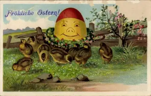 Ak Frohe Ostern, vermenschlichtes Osterei, Küken