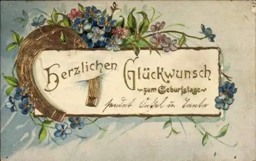 Präge Ak Glückwunsch Geburtstag, Hufeisen, Blumen