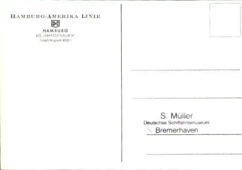 Ak Frachtschiff MS Brandenburg, HAPAG