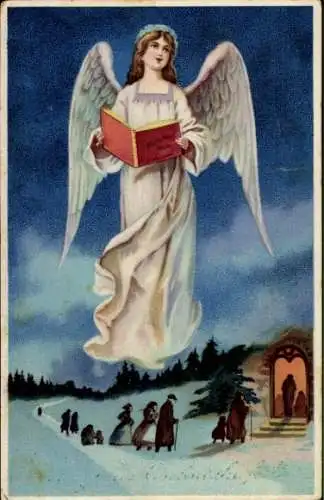 Ak Glückwunsch Weihnachten, Singender Engel, Menschen auf dem Weg zur Kirche