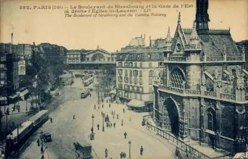 CPA Paris X., Boulevard de Strasbourg, Gare de l'Est, Eglise St-Laurent