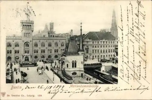 Ak Berlin, an der Mühlendammbrücke, Straßenbahnen
