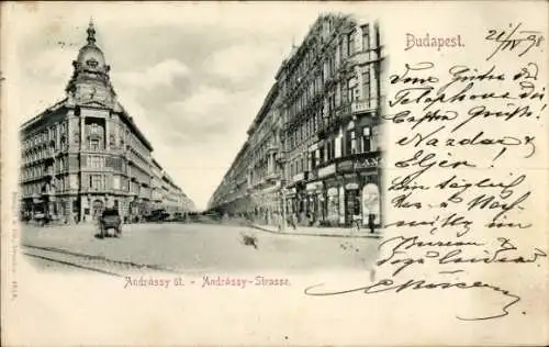 Ak Budapest Ungarn, Historische Straße, Andrássy út, Architektur, Kutsche, Briefe