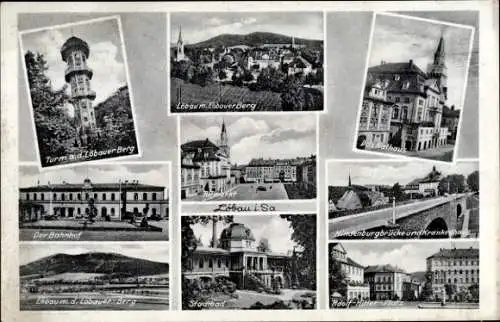 Ak Löbau in Sachsen, Turm am Löbauer Berg, Bahnhof, Hindenburgbrücke, Stadtansicht