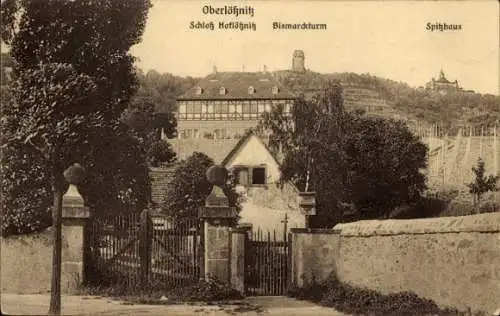 Ak Oberlössnitz Oberlößnitz Radebeul Sachsen, Schloss Hoflögnitz, Bismarckturm, Spitzhaus