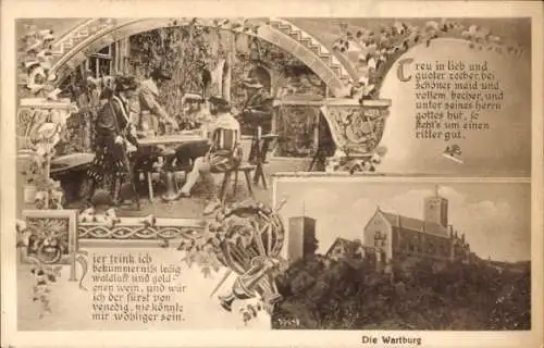 Ak Lutherstadt Eisenach in Thüringen, Wartburg, Gedicht, Männer im Hof