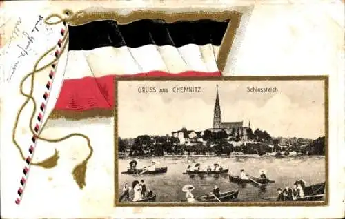 Ak Chemnitz in Sachsen, Ruderpartie auf dem Schlossteich, Ort, Fahne