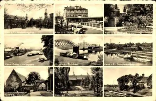 Ak Riesa an der Elbe Sachsen, Hindenburgplatz, Bahnhof, Hafenpartie, Elbbrücke, Dampferhaltest...