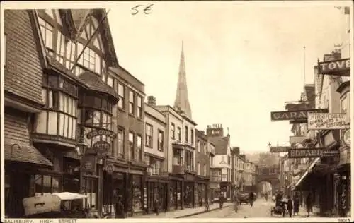 Ak Salisbury South West England, Salisbury High Street, Old George Hotel, Geschäfte, Kirche