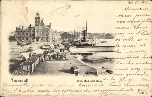 Ak Yarmouth Norfolk England, Stadtansicht mit Rathaus, Kaianlage, Schiffen und Hafenaktivitäten