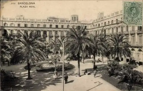 Ak Barcelona Katalonien Spanien, Plaza Real, Palmen, historische Architektur, schwarz-weiß Bild