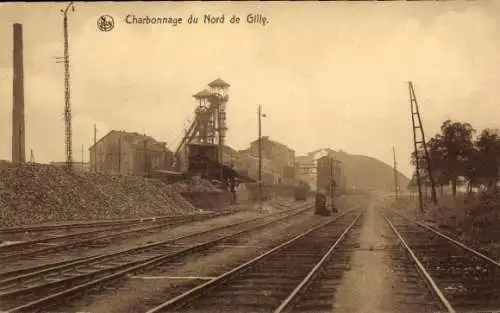 Ak Gilly Charleroi Wallonien Hennegau, Kohlebergwerk, Bahngleise, Industriearchitektur