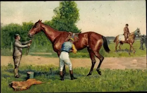 Ak Jockey sattelt ein Pferd