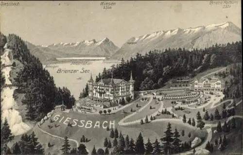 Ak Giessbach am Brienzersee Kanton Bern, Landschaft mit Giessbach-Hotel, Brienzer See, Berge, ...