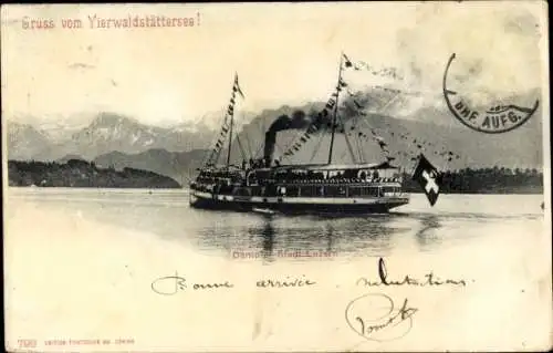 Ak Lucerne Luzern Stadt Schweiz, Schiff auf dem Vierwaldstättersee, Alpen im Hintergrund, Grat...