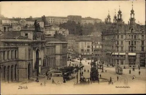 Ak Zürich Stadt Schweiz, Bahnhofsplatz, historische Gebäude, Menschen, Straßenbahn