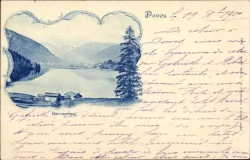 Ak Davos Kanton Graubünden, Berglandschaft, See, Gebäude, Wald, Postkarte