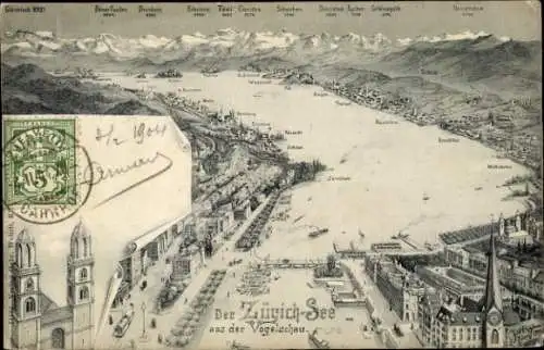 Ak Zürich Stadt Schweiz, Der Zürichsee, Vogelperspektive, Berge im Hintergrund, Poststempel