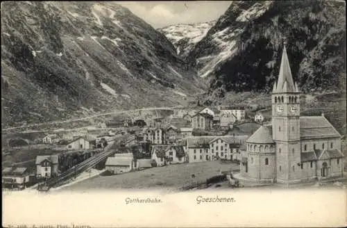 Ak Göschenen Goeschenen Kanton Uri, Gotthardbahn, Blick auf  Kirche, Berge
