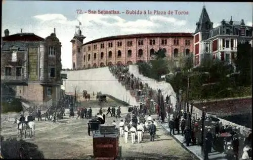 Ak Donostia San Sebastian Baskenland, Plaza de Toros, Treppenaufgang, historische Lage, Mensch...