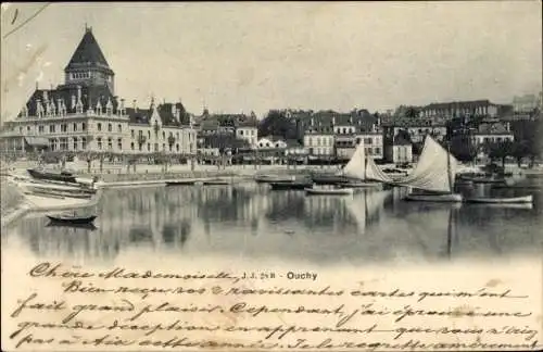 Ak Ouchy Lausanne Kanton Waadt, Schloss, Hafenansicht, Boote, Berge im Hintergrund