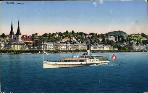 Ak Lucerne Luzern Stadt Schweiz, Seenlandschaft, Dampfschiff mit Schweizer Flagge, Stadtansich...