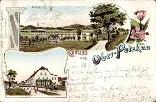 Litho Oberputzkau Putzkau in der Oberlausitz, Brücke, Gasthof