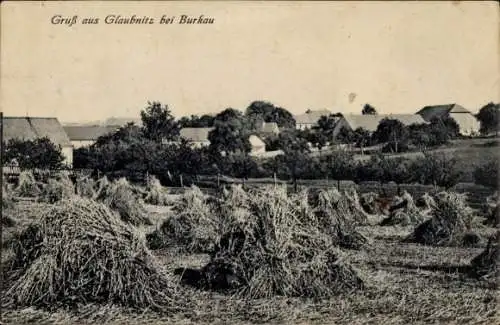 Ak Glaubnitz bei Burkau in Sachsen, Teilansicht, Feld, Heuhaufen